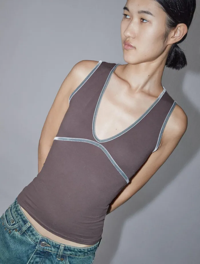 Paloma Wool MAKYBrown Sleeveless Vneck Top With Velvet Ribbon Chest And Neckline Women Tops