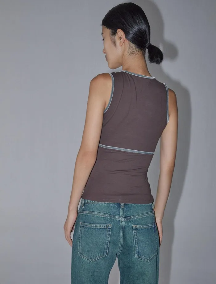 Paloma Wool MAKYBrown Sleeveless Vneck Top With Velvet Ribbon Chest And Neckline Women Tops