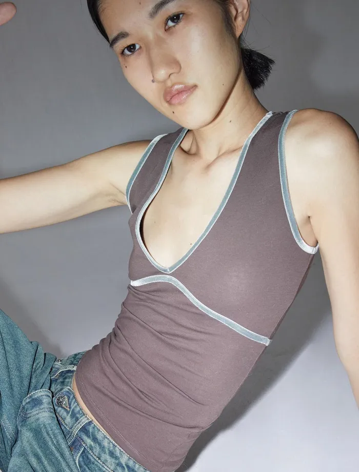 Paloma Wool MAKYBrown Sleeveless Vneck Top With Velvet Ribbon Chest And Neckline Women Tops