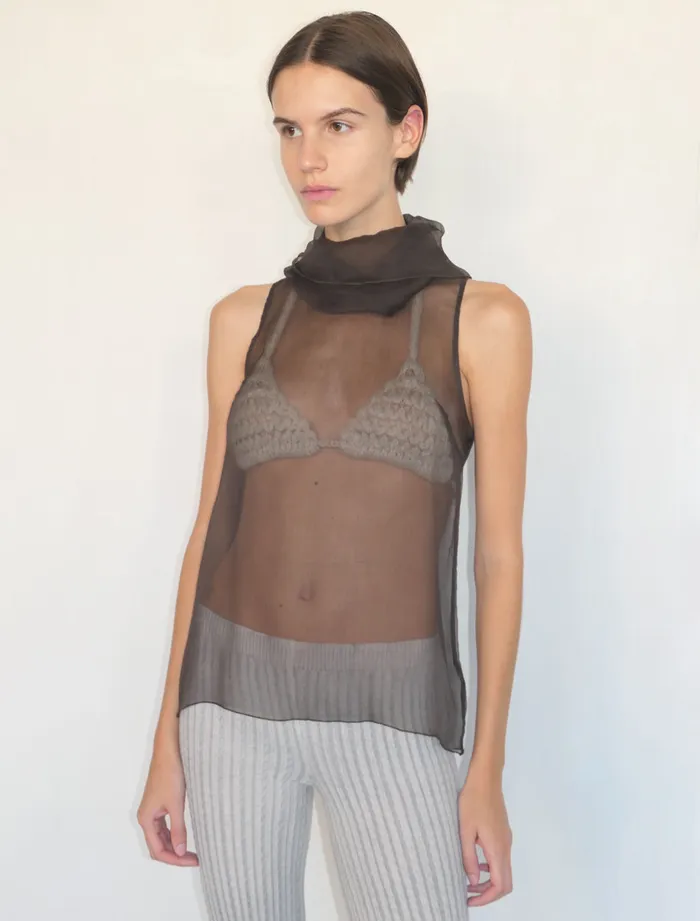 Paloma Wool MERLINDark Brown Delicate Sleeveless Silk Top With Draped High Neck Women Tops
