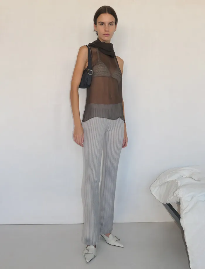 Paloma Wool MERLINDark Brown Delicate Sleeveless Silk Top With Draped High Neck Women Tops