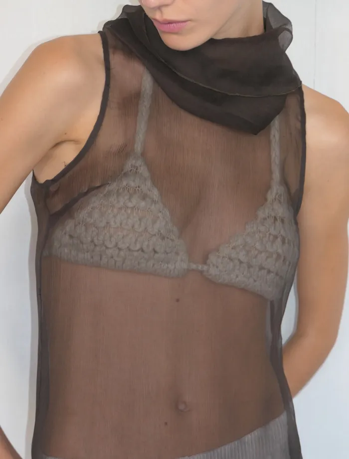 Paloma Wool MERLINDark Brown Delicate Sleeveless Silk Top With Draped High Neck Women Tops