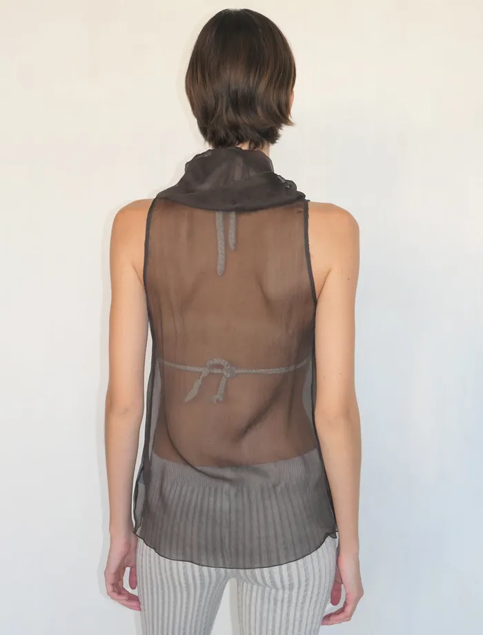 Paloma Wool MERLINDark Brown Delicate Sleeveless Silk Top With Draped High Neck Women Tops