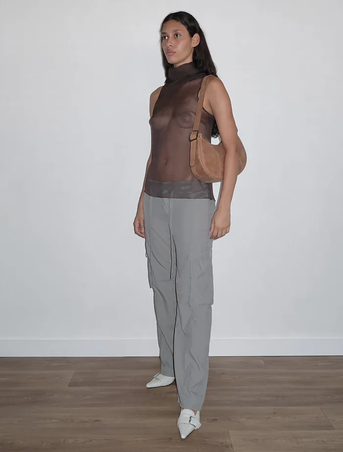 Paloma Wool MERLINDark Brown Delicate Sleeveless Silk Top With Draped High Neck Women Tops