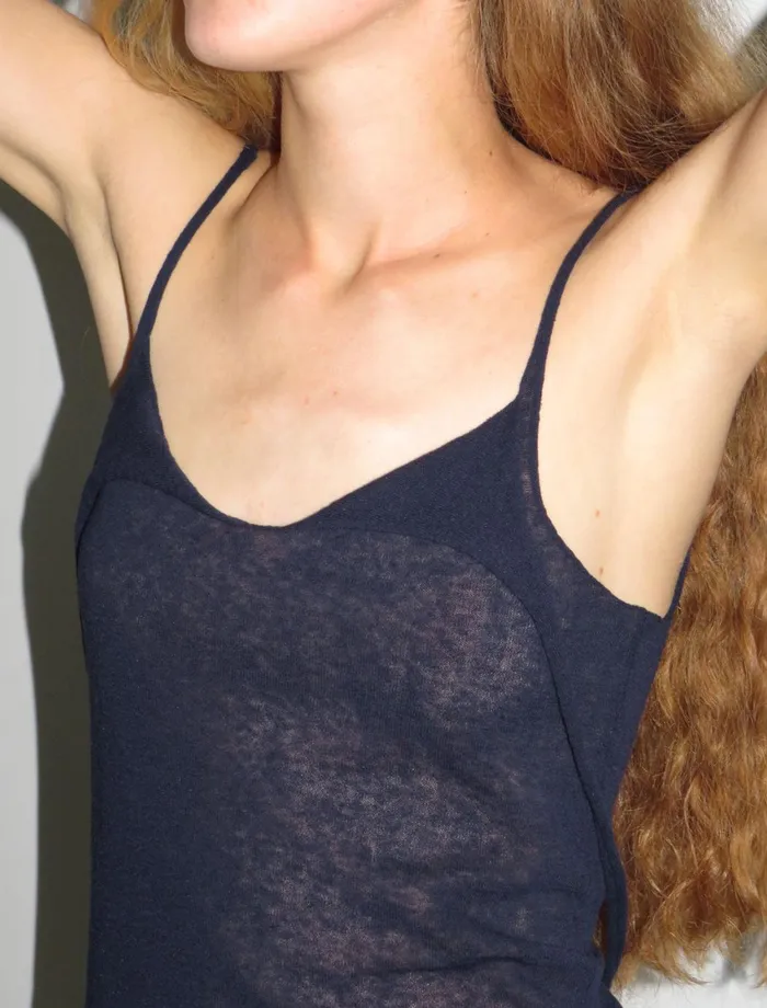 Paloma Wool MIRAINavy Slightly Sheer Knit Strap Top With Chest Detail Women Tops