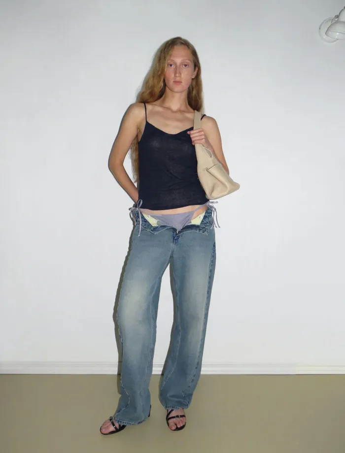 Paloma Wool MIRAINavy Slightly Sheer Knit Strap Top With Chest Detail Women Tops