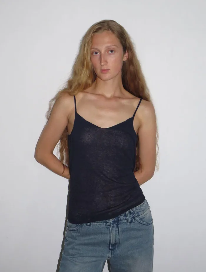 Paloma Wool MIRAINavy Slightly Sheer Knit Strap Top With Chest Detail Women Tops