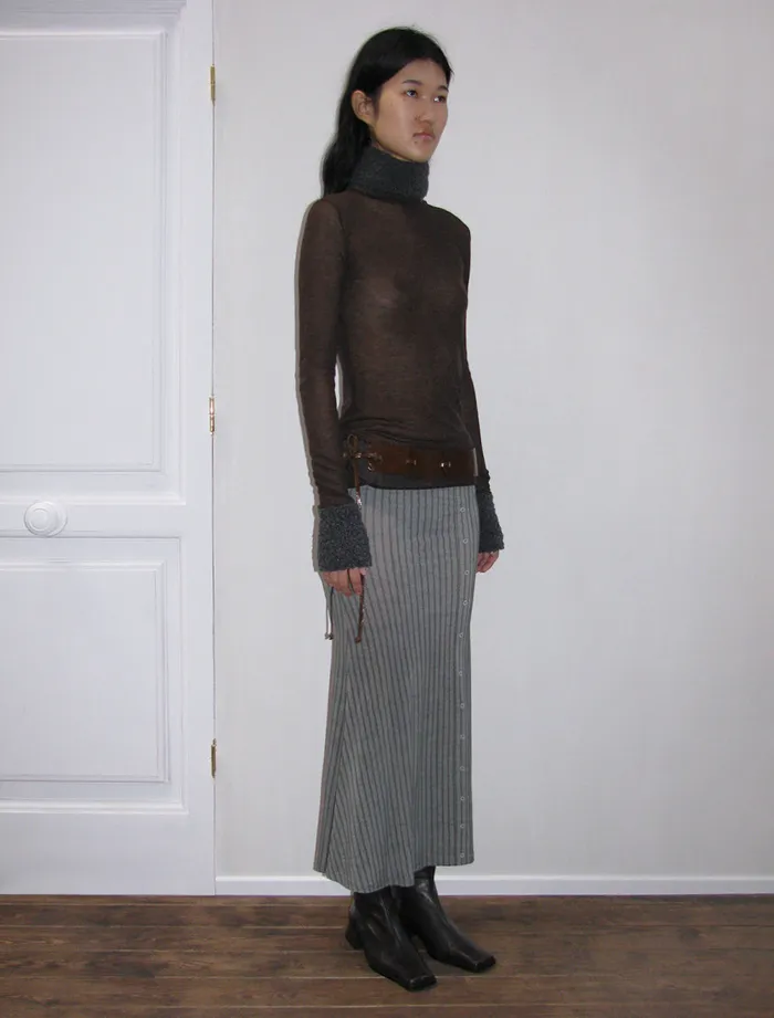 Paloma Wool TITIDark Brown Delicate Transparent Highneck Knitted Sweater Women Tops