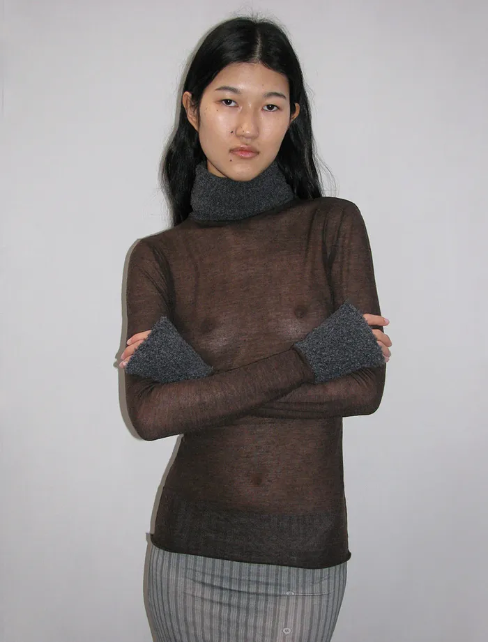 Paloma Wool TITIDark Brown Delicate Transparent Highneck Knitted Sweater Women Tops
