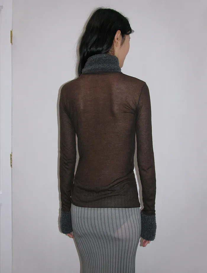 Paloma Wool TITIDark Brown Delicate Transparent Highneck Knitted Sweater Women Tops