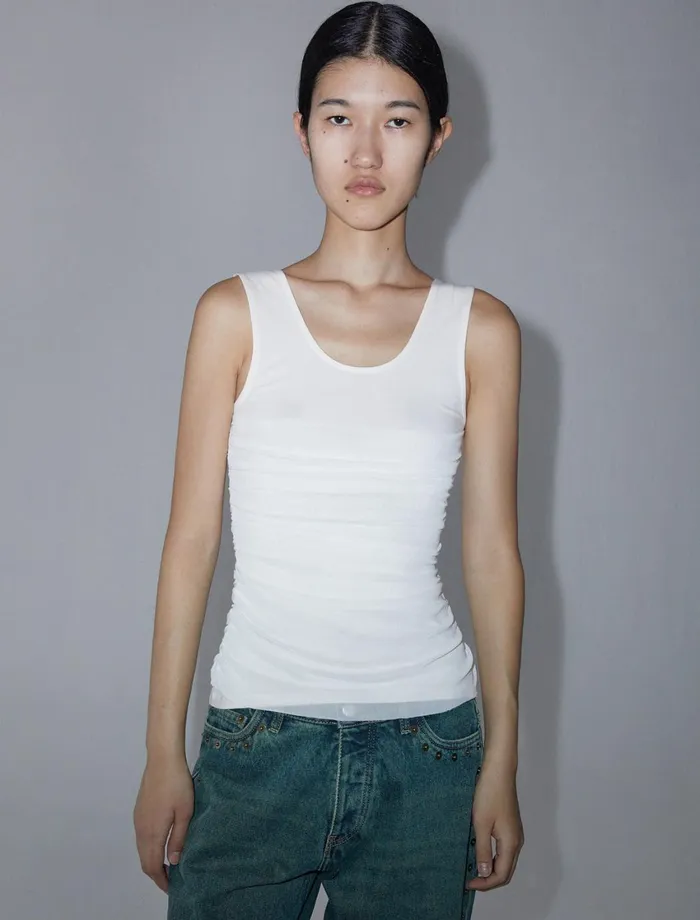 Paloma Wool VICHYLwhite Fitted Top With Gathered Mesh Overlay Women Tops