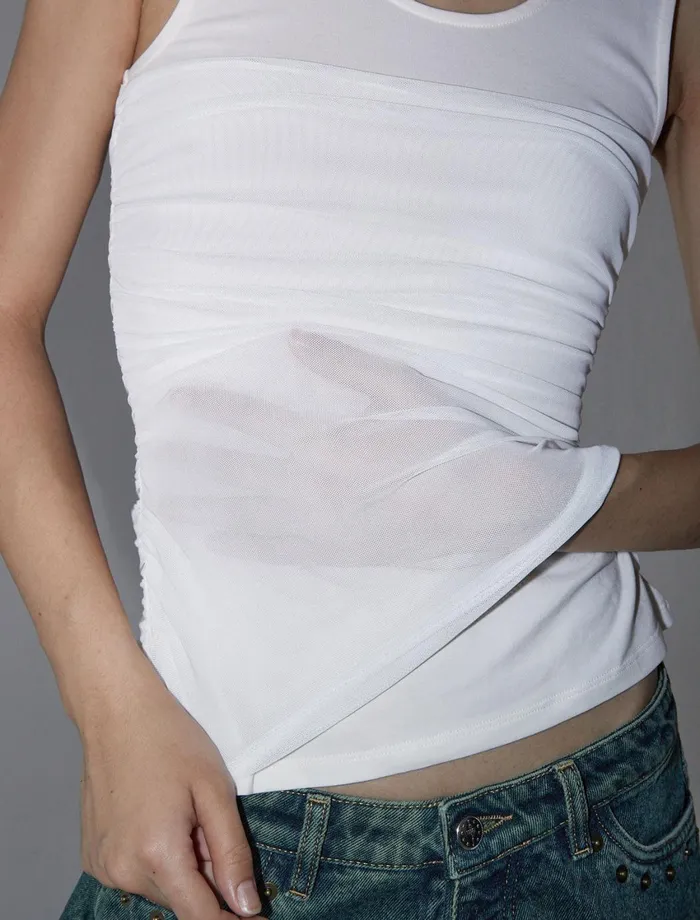 Paloma Wool VICHYLwhite Fitted Top With Gathered Mesh Overlay Women Tops