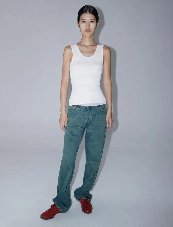 Paloma Wool VICHYLwhite Fitted Top With Gathered Mesh Overlay Women Tops