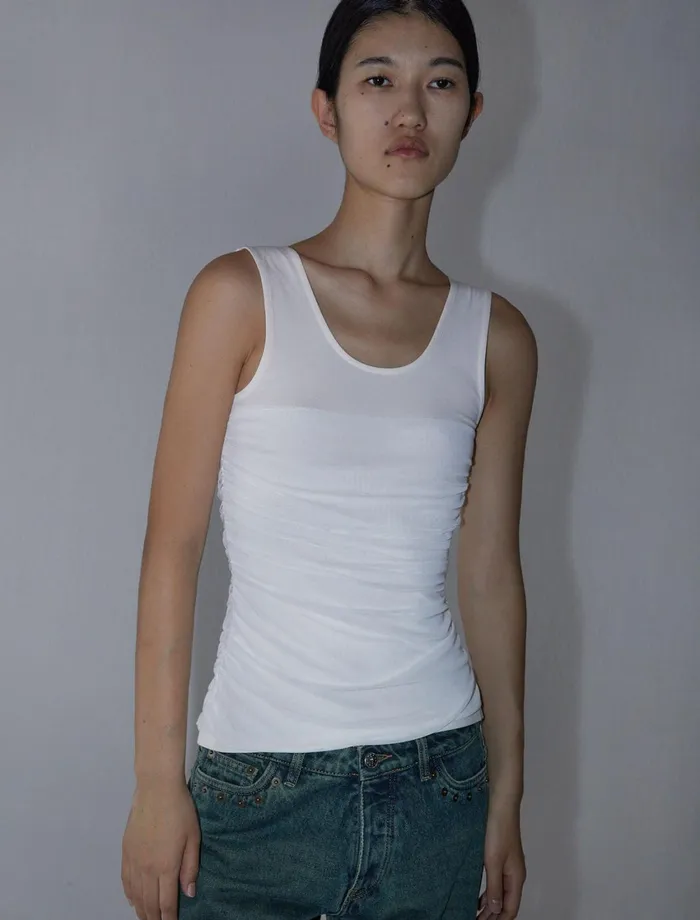 Paloma Wool VICHYLwhite Fitted Top With Gathered Mesh Overlay Women Tops