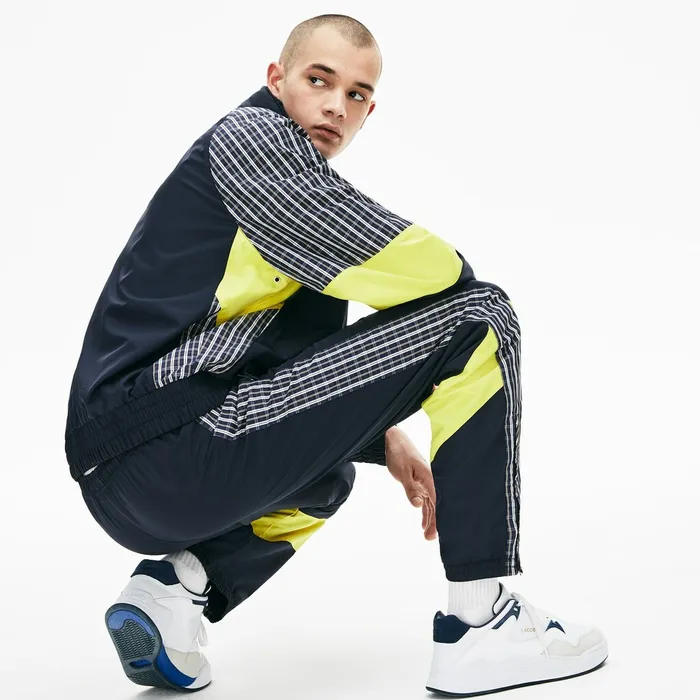 Pants and Shorts Lacoste Mens LIVE Patchwork Trackpants BlueYellowWhite Casaul
