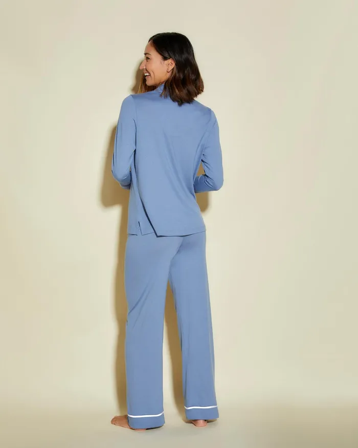 Pj Sets Women Cosabella Bella Petite Long Sleeve Top and Pant Pajamas Blue Diamondmoon Ivory