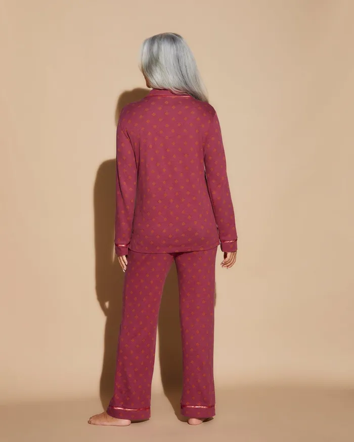 Pj Sets Women Cosabella Bella Printed Long Sleeve Top and Pant Pajamas Diamond Deep Rubysahara