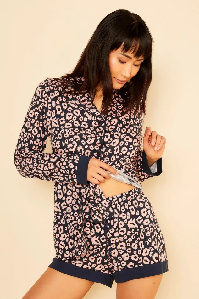 Pj Sets Women Cosabella Bella Printed Printed Long Sleeve Top And Boxer Navyleopard