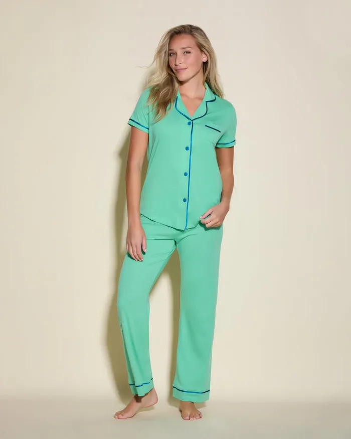 Pj Sets Women Cosabella Bella Short Sleeve Top and Pant Pajama Set Ghana Greenudaipur Blue