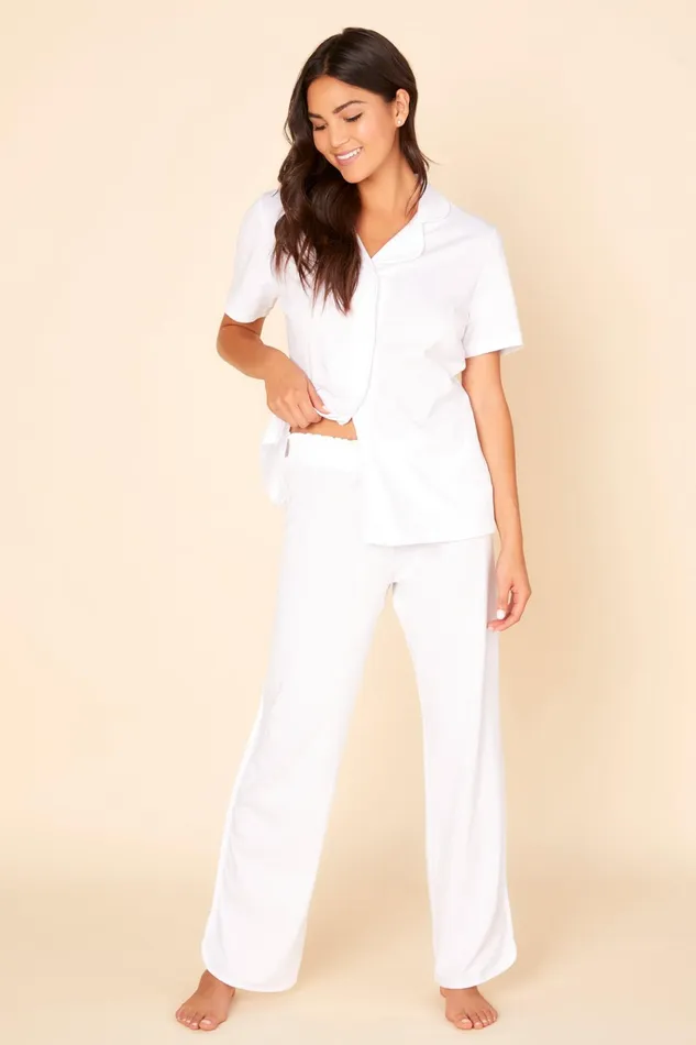 Pj Sets Women Cosabella Florida Lounge Short Sleeve Top and Pant Whitewhite