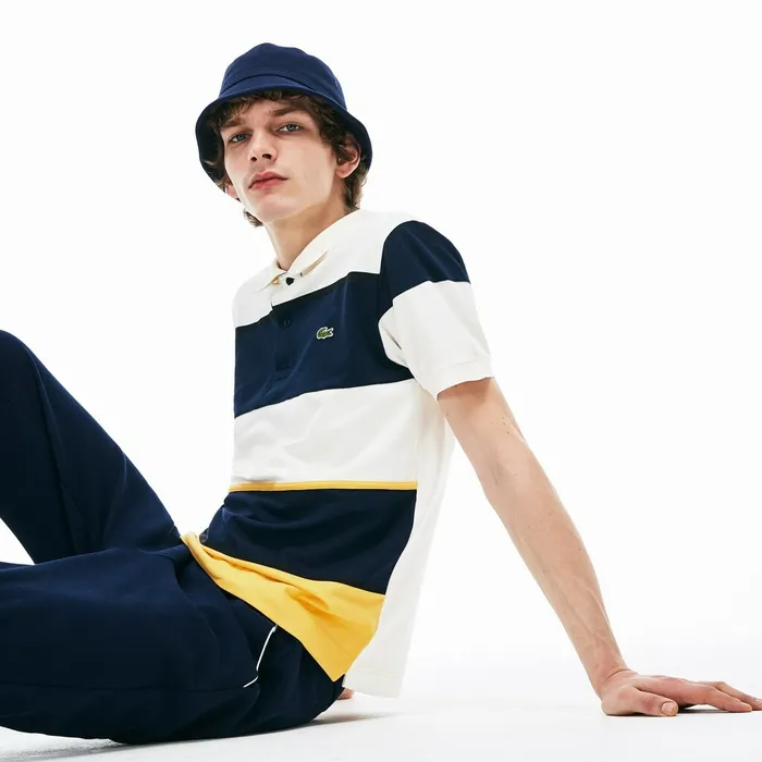 Polos Lacoste Mens L1212 Technical Piqu Polo YellowNavy BlueWhite Casaul