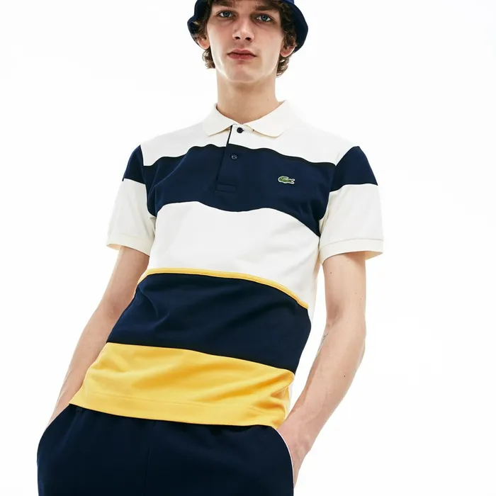 Polos Lacoste Mens L1212 Technical Piqu Polo YellowNavy BlueWhite Casaul