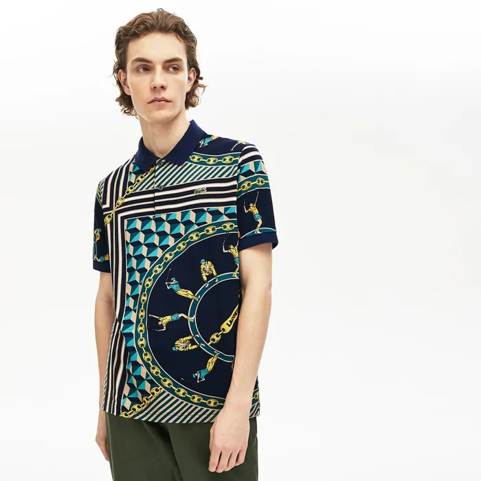 Polos Lacoste Mens LIVE ScarfPrint Cotton Piqu Polo Shirt Navy BlueWhite Gift 4 You