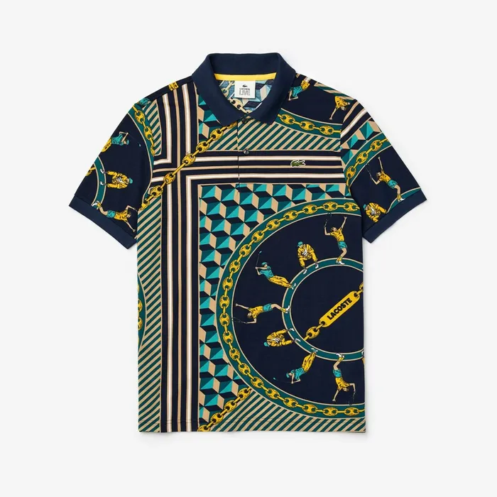 Polos Lacoste Mens LIVE ScarfPrint Cotton Piqu Polo Shirt Navy BlueWhite Gift 4 You