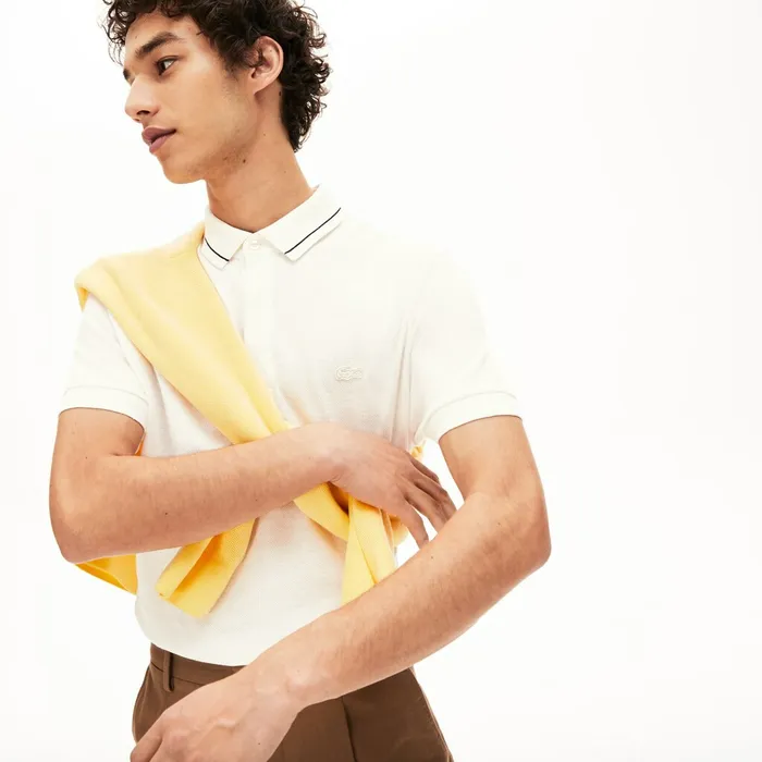 Polos Lacoste Mens Regular Fit LinenBlend Polo Shirt WhiteBlack Online Store