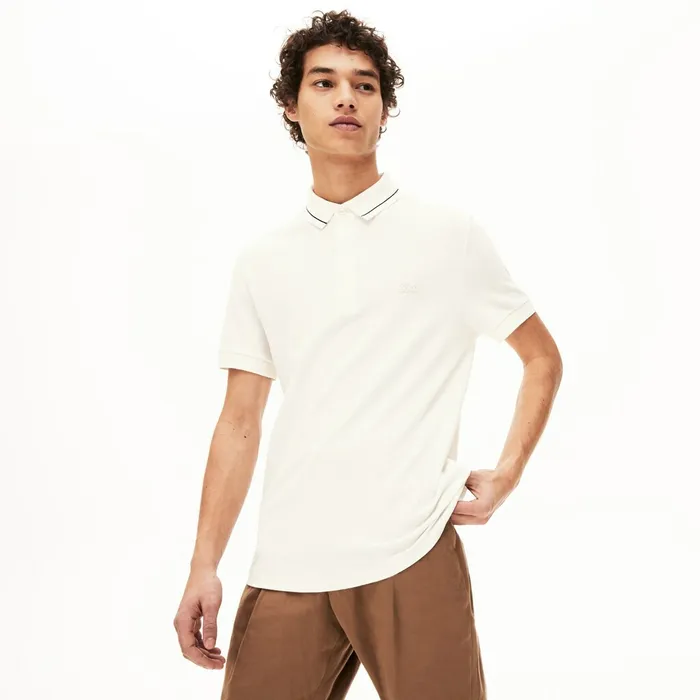 Polos Lacoste Mens Regular Fit LinenBlend Polo Shirt WhiteBlack Online Store