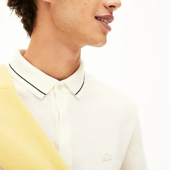 Polos Lacoste Mens Regular Fit LinenBlend Polo Shirt WhiteBlack Online Store