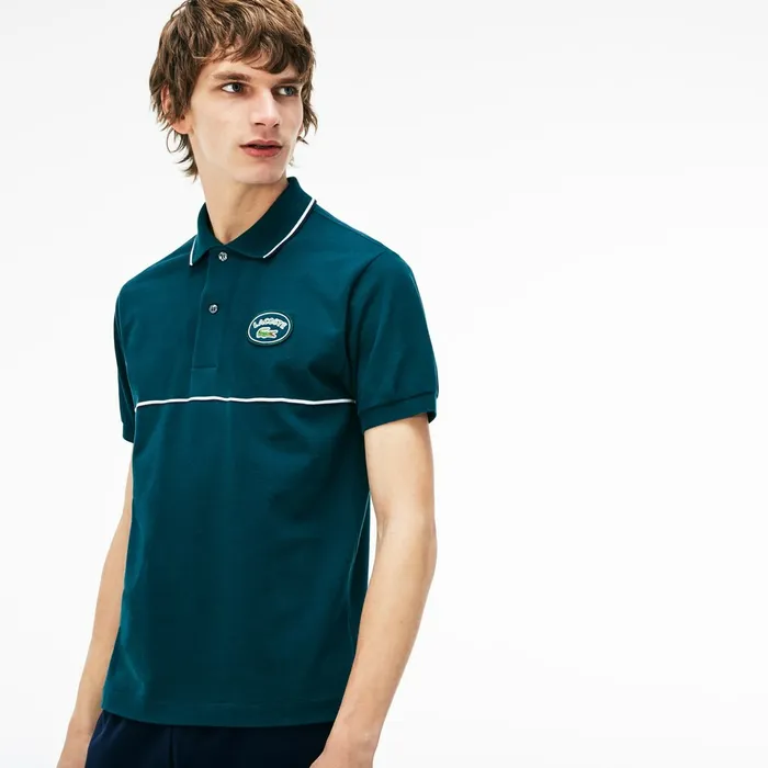Polos Lacoste Mens Regular Fit Striped Accents Petit Piqu Polo GreenNavy BlueWhite Store