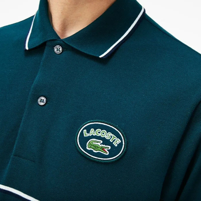 Polos Lacoste Mens Regular Fit Striped Accents Petit Piqu Polo GreenNavy BlueWhite Store