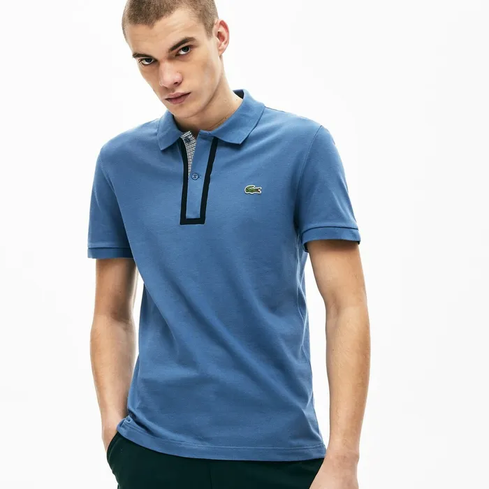 Polos Lacoste Mens Slim Fit CheckeredPlacket Stretch Cotton Piqu Polo Blue Shop