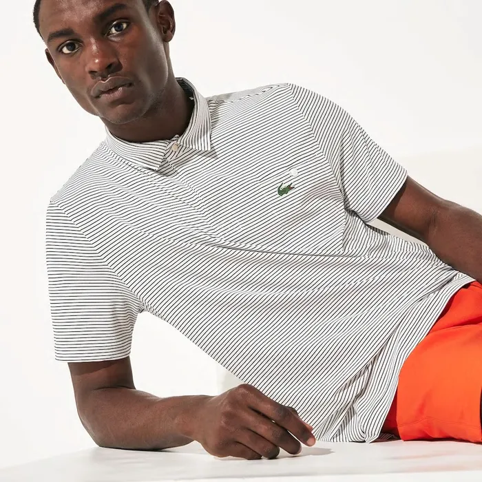 Polos Lacoste Mens SPORT Breathable Striped Golf Polo Shirt WhitePurple Online Store