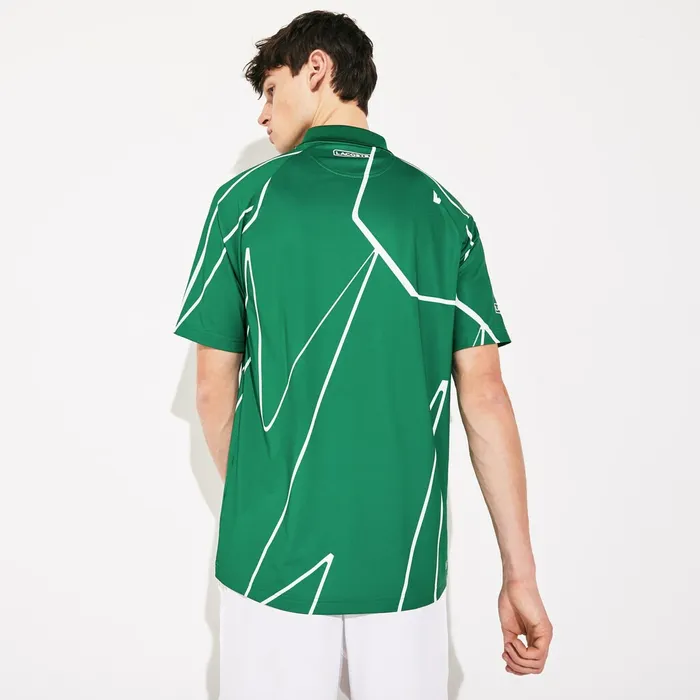 Polos Lacoste Mens SPORT Novak Djokovic Printed Breathable Polo Shirt GreenWhite Cheap On Sale