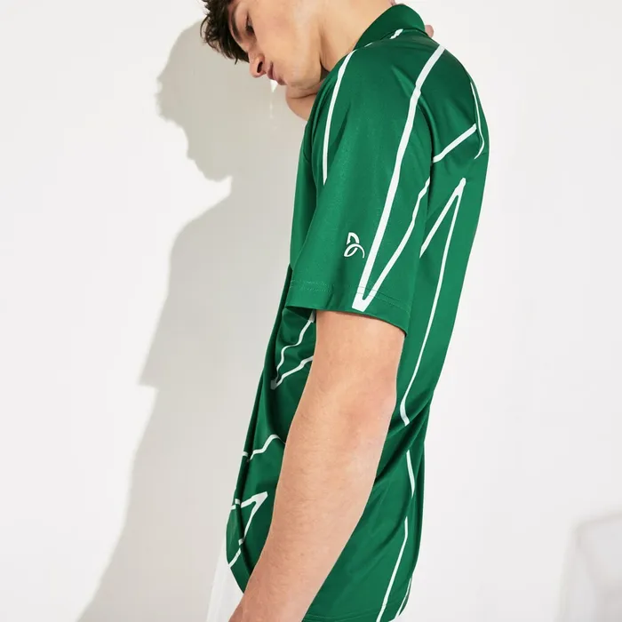Polos Lacoste Mens SPORT Novak Djokovic Printed Breathable Polo Shirt GreenWhite Cheap On Sale