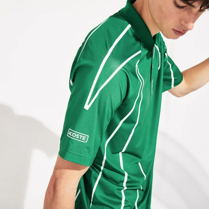 Polos Lacoste Mens SPORT Novak Djokovic Printed Breathable Polo Shirt GreenWhite Cheap On Sale