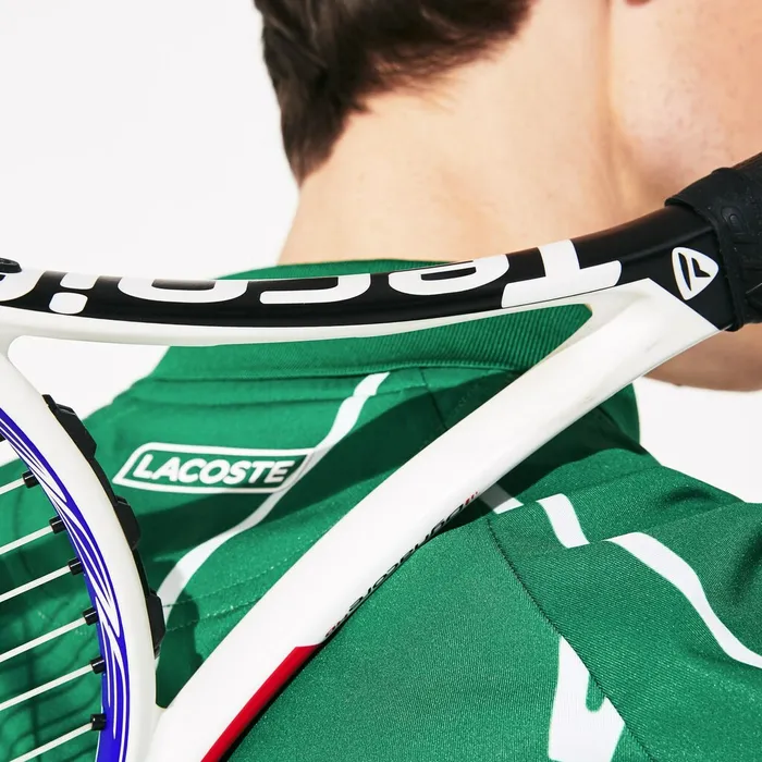 Polos Lacoste Mens SPORT Novak Djokovic Printed Breathable Polo Shirt GreenWhite Cheap On Sale