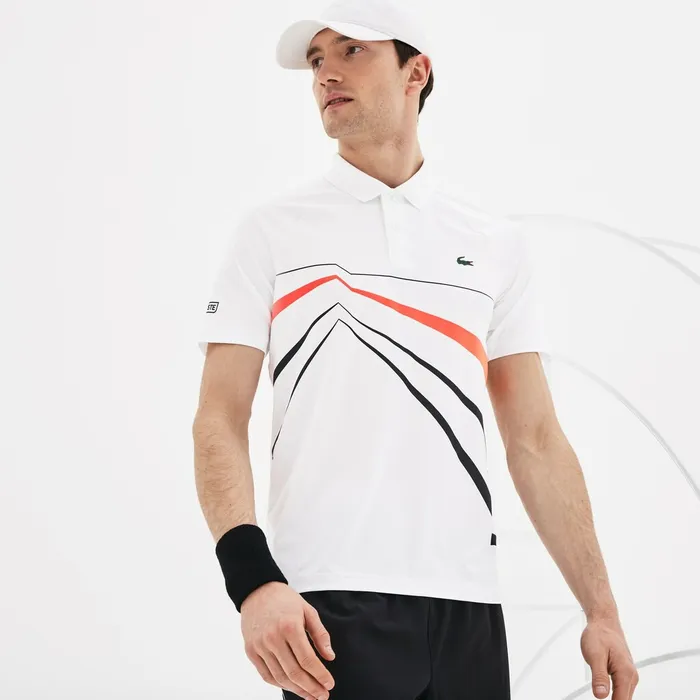 Polos Lacoste Mens SPORT Novak Djokovic Stretch Polo WhiteBlackRed Gift for Friend