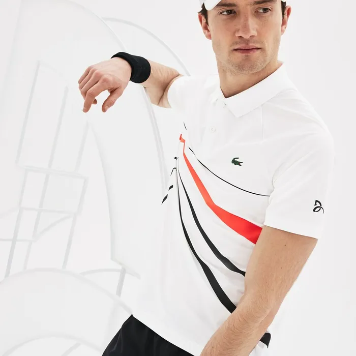 Polos Lacoste Mens SPORT Novak Djokovic Stretch Polo WhiteBlackRed Gift for Friend