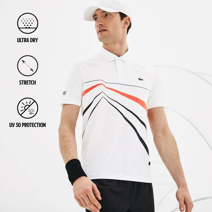 Polos Lacoste Mens SPORT Novak Djokovic Stretch Polo WhiteBlackRed Gift for Friend