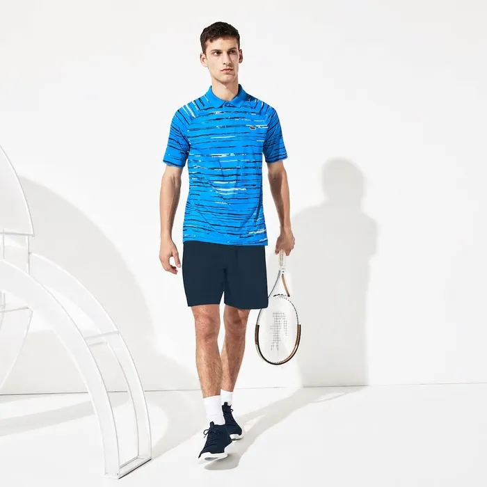 Polos Lacoste Mens SPORT Novak Djokovic Striped Jersey Polo BlueNavy BlueWhite Store