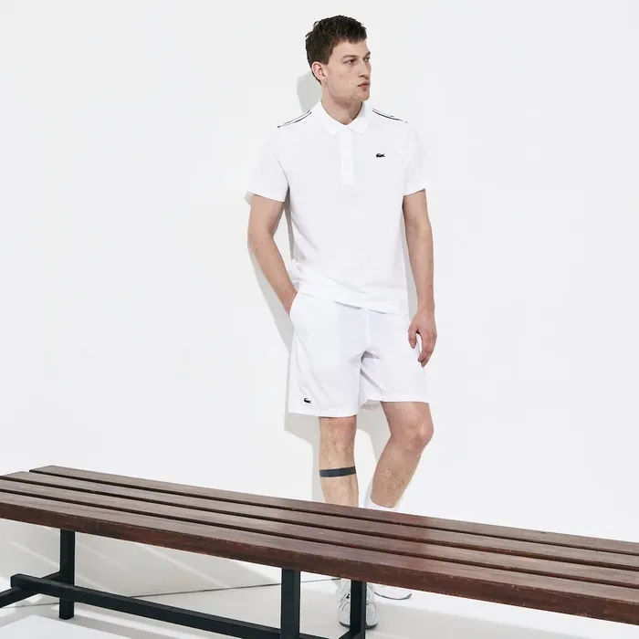 Polos Lacoste Mens SPORT Racing Stripe Lightweight Cotton Polo WhiteBlackWhite Gift Ideas