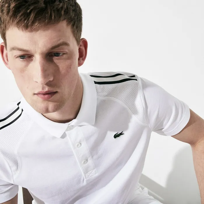 Polos Lacoste Mens SPORT Racing Stripe Lightweight Cotton Polo WhiteBlackWhite Gift Ideas