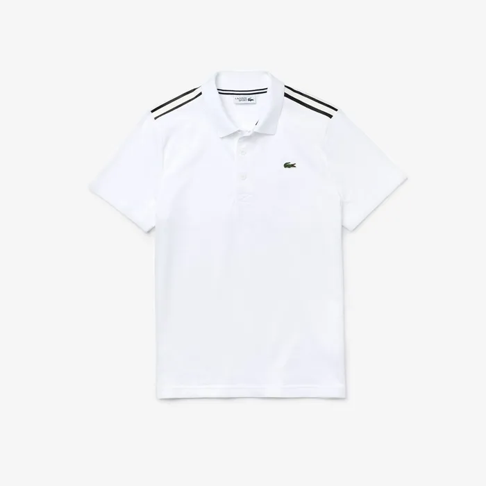 Polos Lacoste Mens SPORT Racing Stripe Lightweight Cotton Polo WhiteBlackWhite Gift Ideas