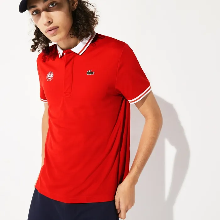 Polos Lacoste Mens SPORT Roland Garros Breathable Piqu Polo Shirt RedWhiteGreen Cheap On Sale