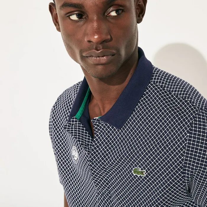 Polos Lacoste Mens SPORT Roland Garros Print Cotton Polo Shirt Navy BlueWhiteGreen Popular
