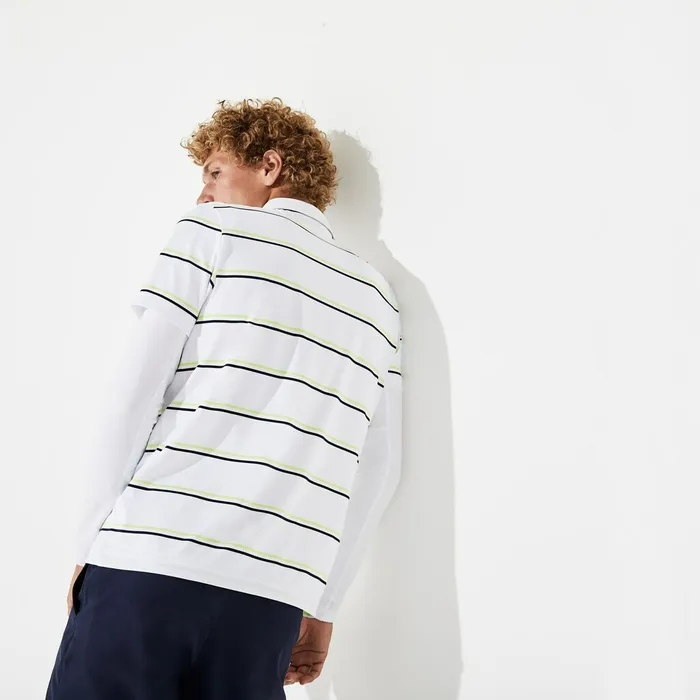 Polos Lacoste Mens SPORT Striped Breathable Jersey Golf Polo WhiteNavy BlueFlashy Yellow Online Outlet Store