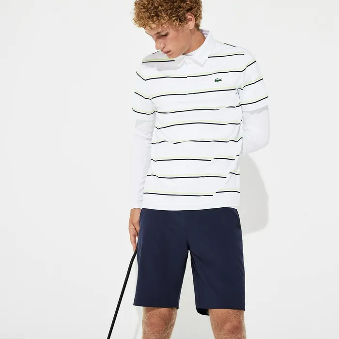 Polos Lacoste Mens SPORT Striped Breathable Jersey Golf Polo WhiteNavy BlueFlashy Yellow Online Outlet Store